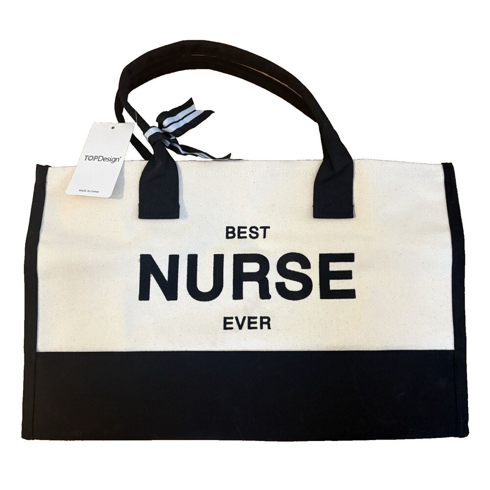 Tote Bag Canvas Beige Black Handles Ribbon Embroidery "Best Nurse Ever" Gift NWT